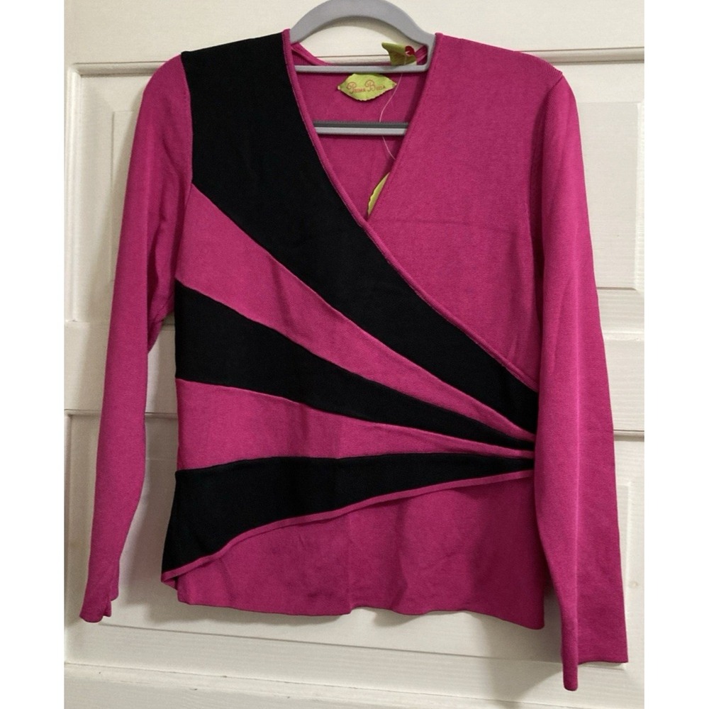 Prima Bella Black Fuchsia Color Block Sweater Top Womens S Long Sleeve 633105